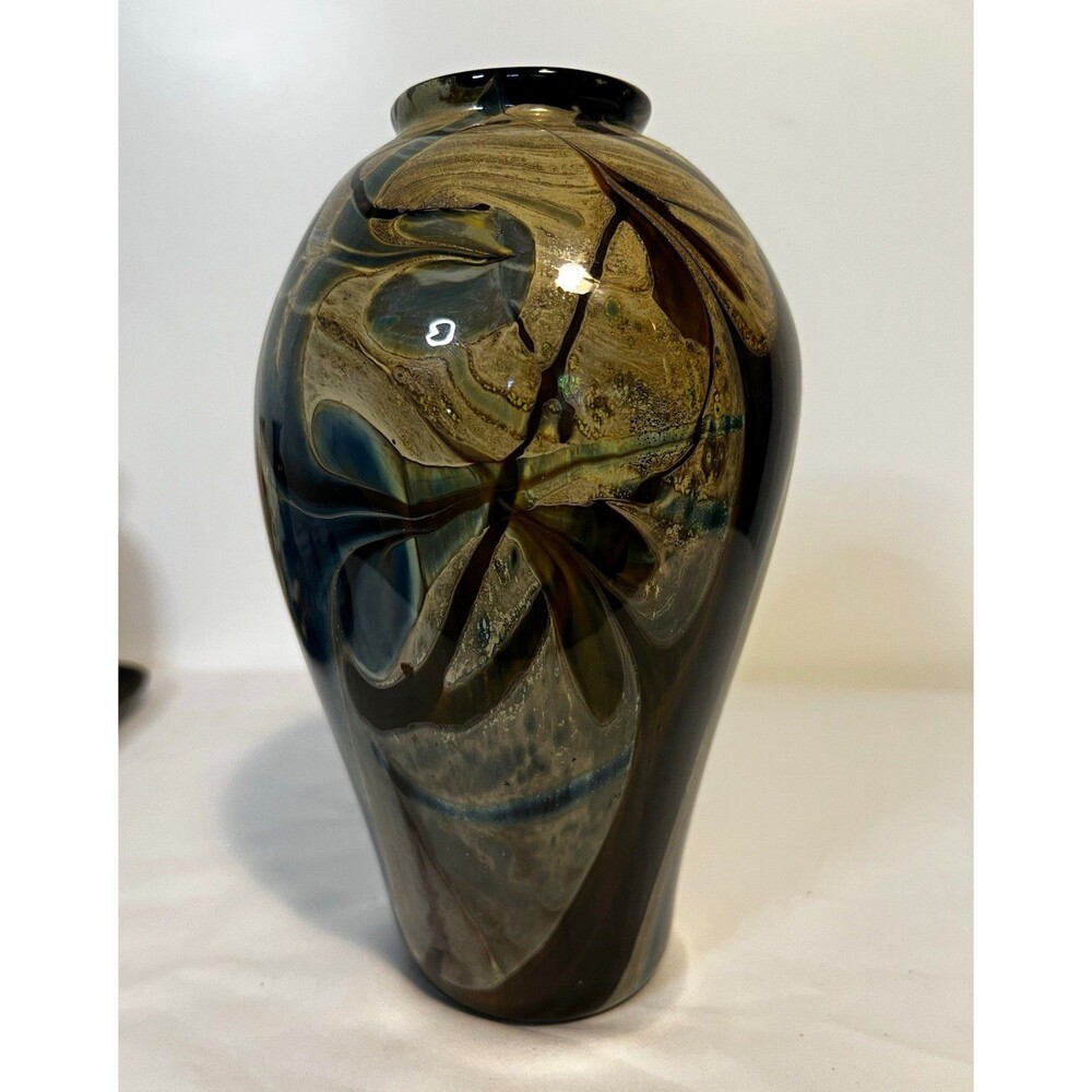 Signed Studio Art Glass Marbled Agate Cased Vase Iridescent Gold
